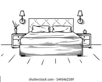 Hand drawn sketch. Linear sketch of an interior. Sketch Line bedrooms. Vector illustration. Room plan.