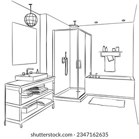 Hand drawn sketch. Linear sketch of an interior. Part of the bathroom. Vector illustration