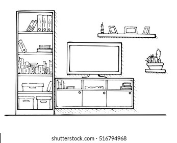 Hand drawn sketch. Linear sketch of the interior. Bookcase, dresser with TV and shelves. Vector illustration