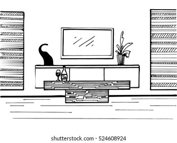 Hand drawn sketch. Linear sketch of the interior. TV, TV table, table and decor. Vector illustration.