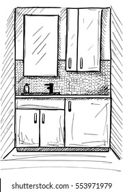 Hand drawn sketch. Linear sketch of an interior. Part of the bathroom. Vector illustration.