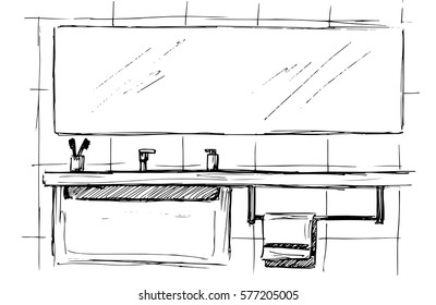 Hand drawn sketch. Linear sketch of an interior. Part of the bathroom. Vector illustration