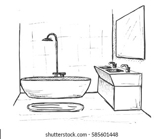 Hand drawn sketch. Linear sketch of an interior. Part of the bathroom. Vector illustration