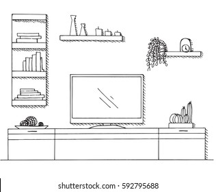  Dibujo hecho a mano. Dibujo lineal del interior. Caja fuerte, aparador con TV y estanterías. Ilustración del vector