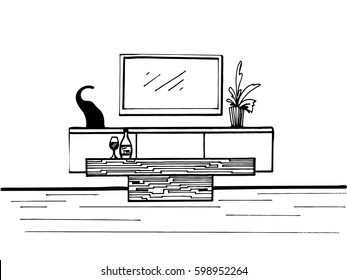 Hand drawn sketch. Linear sketch of the interior. TV, TV table, table and decor. Vector illustration.