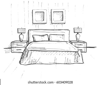 Hand drawn sketch. Linear sketch of an interior. Sketch Line bedrooms. Vector illustration. Room plan.