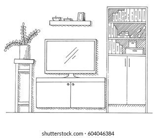 Hand drawn sketch. Linear sketch of the interior. Bookcase, dresser with TV and shelves. Vector illustration