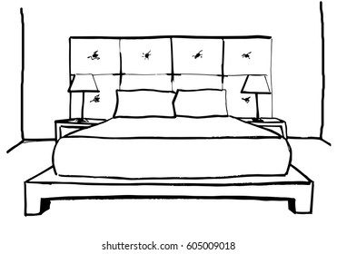 Hand drawn sketch. Linear sketch of an interior. Sketch Line bedrooms. Vector illustration. Room plan.