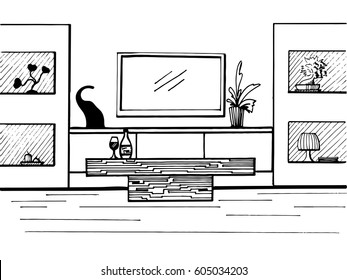 Hand drawn sketch. Linear sketch of the interior. TV, TV table, table and decor. Vector illustration.