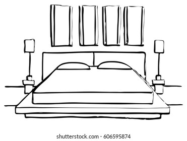 Hand drawn sketch. Linear sketch of an interior. Sketch Line bedrooms. Vector illustration. Room plan.