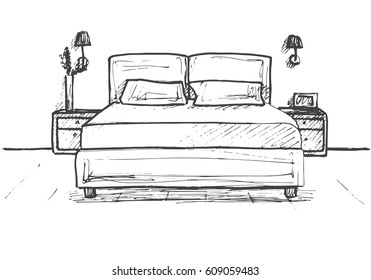 Hand drawn sketch. Linear sketch of an interior. Sketch Line bedrooms. Vector illustration. Room plan.