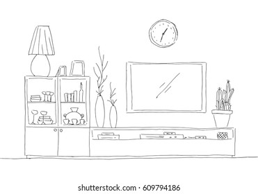 Hand drawn sketch. Linear sketch of the interior. Bookcase, dresser with TV and shelves. Vector illustration