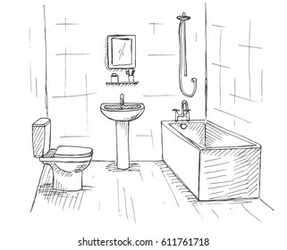 Hand drawn sketch. Linear sketch of an interior. Part of the bathroom. Vector illustration