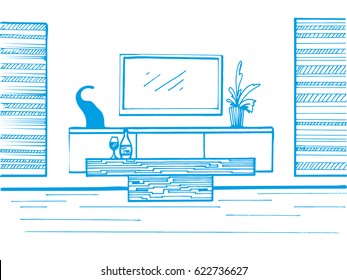 Hand drawn sketch. Linear sketch of the interior. TV, TV table, table and decor. Vector illustration.