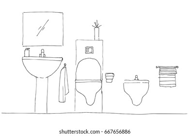 Hand drawn sketch. Linear sketch of an interior. Part of the bathroom. Vector illustration