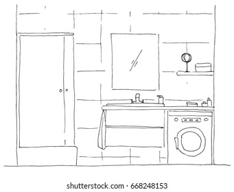 Hand drawn sketch. Linear sketch of an interior. Part of the bathroom. Vector illustration