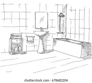 Hand drawn sketch. Linear sketch of an interior. Part of the bathroom. Vector illustration