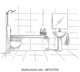 Hand drawn sketch. Linear sketch of an interior. Part of the bathroom. Vector illustration