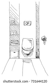 Hand drawn sketch. Linear sketch of an interior. Part of the bathroom. Vector illustration