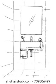 Hand drawn sketch. Linear sketch of an interior. Part of the bathroom. Vector illustration