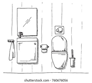 Hand drawn sketch. Linear sketch of an interior. Part of the bathroom. Vector illustration
