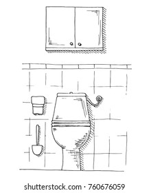 Hand drawn sketch. Linear sketch of an interior. Part of the bathroom. Vector illustration