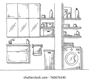 Hand drawn sketch. Linear sketch of an interior. Part of the bathroom. Vector illustration.