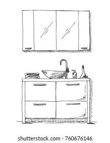 Hand drawn sketch. Linear sketch of an interior. Part of the bathroom. Vector illustration.