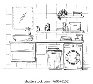 Hand drawn sketch. Linear sketch of an interior. Part of the bathroom. Vector illustration.