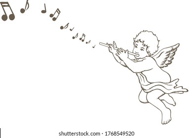 Hand drawn sketch of little angel playing music instrument, with music notes