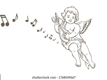 Hand drawn sketch of little angel playing music instrument, with music notes