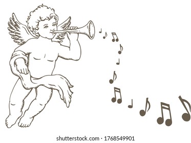 Hand drawn sketch of little angel playing music instrument, with music notes