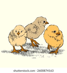 Hand drawn sketch little chickens set vector illustration. cute baby chicks drawing collection engraved retro style.