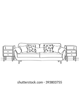 Hand drawn sketch of living room interior with a sofa, pillows and nightstands.