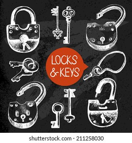 Hand drawn sketch locks and keys set. Vector illustration. Blackboard design