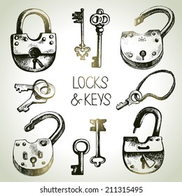 Hand drawn sketch locks and keys set. Vector illustration 