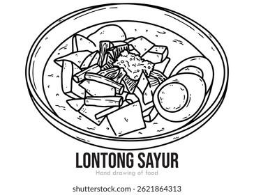 Hand drawn sketch of lontong sayur, boiled egg, boiled vegetable, black ink line art
