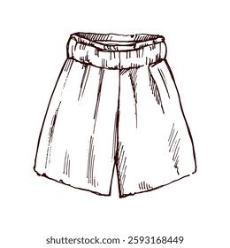 Hand drawn sketch of loose beach shorts with elastic waistband in monochrome vintage style

