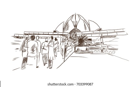 Hand drawn sketch of Lotus Temple, New Delhi.in vector illustration.