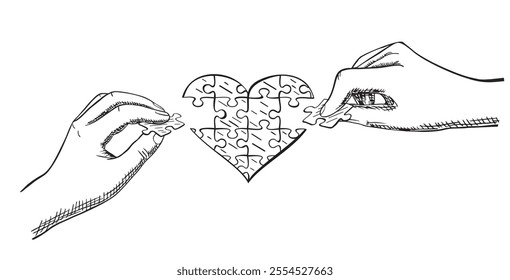 Hand drawn sketch love puzzle. Hands assemble a heart-shaped puzzle. Great for Valentine's Day greeting cards, love greetings for couples. Hand draw vector illustration