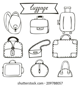 Hand drawn sketch luggage icons. Vector set for your design