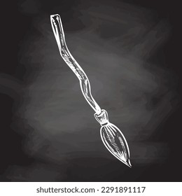 Hand drawn sketch of magic broom isolated on chalkboard background. Element of witchcraft. Symbol of magic.  A vehicle for the witch.  Tattoo broomstick or print for Halloween or all saints ' day. 