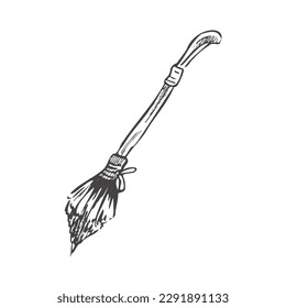 Hand drawn sketch of magic broom. Element of witchcraft. Symbol of magic.  A vehicle for the witch.  Tattoo broomstick or print for Halloween or all saints ' day. Vector illustration.