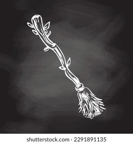 Hand drawn sketch of magic broom isolated on chalkboard background. Element of witchcraft. Symbol of magic.  A vehicle for the witch.  Tattoo broomstick or print for Halloween or all saints ' day. 