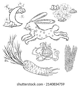 Hand drawn sketch with magic rabbit