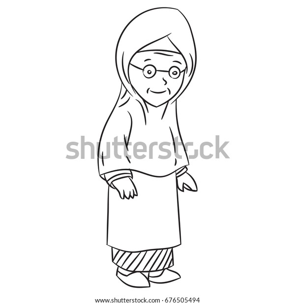 Hand Drawn Sketch Malay Grandmother Character Stock Vector Royalty Free 676505494