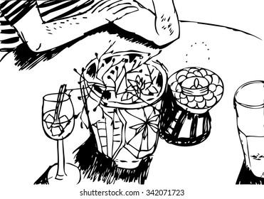 Hand drawn sketch of man in bar . Vector illustration of drinks and candle.