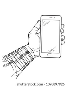 Hand drawn Sketch of Man Hand Holding a Mockup Smartphone Vector illustration