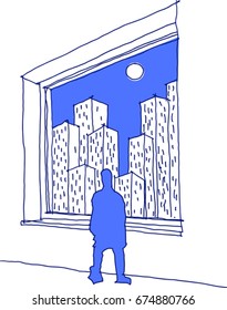 hand drawn sketch of man looking through a window at a city full of skyscrapers with sun on the sky
