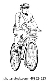 Hand drawn sketch of a man rides on a mountain bike or bicycle.